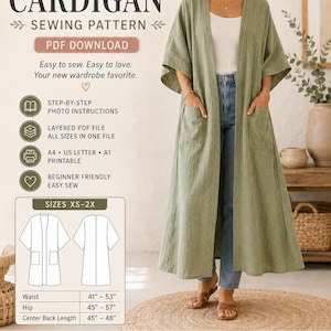 Puede incluir: Un patrón de costura PDF para cárdigan tipo kimono en color verde salvia que incluye instrucciones fotográficas paso a paso, archivos en capas y formatos imprimibles. El patrón abarca tallas XS-2X con medidas de cintura de 104-135 cm y cadera de 114-145 cm.