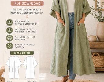 May include: A sage green kimono cardigan sewing pattern PDF download featuring step-by-step photo instructions, layered files, and printable formats. The pattern includes sizes XS-2X with waist measurements of 104-135 cm and hip measurements of 114-145 cm.