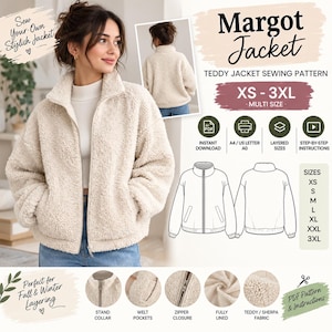 Puede incluir: Un patrón de costura para la chaqueta Margot, una chaqueta de forro polar tipo borrego color crema con cuello alto, cierre de cremallera y bolsillos ribeteados. Incluye dibujos técnicos, tallas XS-3XL e iconos de descarga e instrucciones.