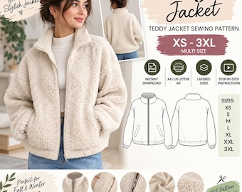May include: A sewing pattern for a Margot Jacket, a cream-coloured teddy fleece jacket with a stand collar, zip closure, and welt pockets. The image includes technical line drawings, size range XS-3XL, and icons for PDF download and instructions.