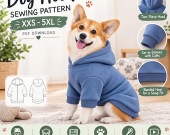 May include: A digital sewing pattern for a dog hoodie, featuring text Dog Hoodie Sewing Pattern XXS-5XL PDF Download. The image shows a Corgi wearing a blue hoodie with a two-piece hood, set-in sleeves with cuffs, and a banded hem for a snug fit.