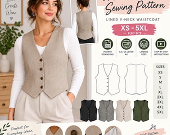 May include: A sewing pattern for a lined V-neck waistcoat, featuring a beige vest with a four-button front, pointed hem, and full lining. The digital pattern includes sizes XS to 5XL, with visual guides for the front, back, and construction details.