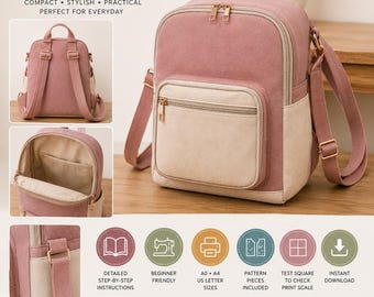 May include: A digital sewing pattern for a mini backpack in dusty rose and cream. The backpack features a main zippered compartment, a front zip pocket, adjustable shoulder straps with hardware sliders, and a top carry handle. Dimensions are 25 cm high, 23 cm wide, and 11 cm deep.