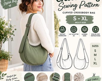 May include: A digital sewing pattern for a crescent-shaped crossbody bag in sizes S-XL. The image displays a finished olive green bag, technical line drawings, and icons for PDF download, A4/US Letter/A0 formats, and step-by-step instructions.