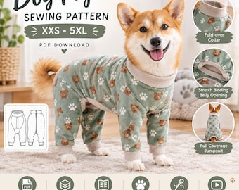 May include: A digital sewing pattern for a dog pyjama featuring a green fleece fabric with a brown bear and white paw print pattern. The design includes a fold-over collar, stretch binding at the belly opening, and a full coverage jumpsuit style.