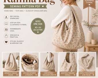 May include: Kamila Bag sewing pattern PDF for a hobo, tote, and slouchy shoulder bag. Includes an illustrated tutorial, intermediate level, and one size format for A0, A4, and US Letter printing. Features a floral print bag with interior pockets.