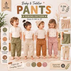 Cartamodello PDF per pantaloni da neonato, cartamodello per pantaloni con elastico in vita per bambini da 0-3 mesi a 3 anni, cartamodello PDF per pantaloni con tasche per bambini, cartamodello per pantaloni di lino
