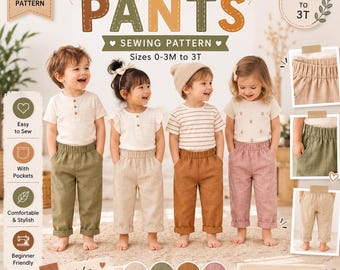 May include: A digital PDF sewing pattern for baby and toddler trousers in sizes 0-3M to 3T. The image displays four children wearing trousers in olive green, beige, rust orange, and dusty rose, featuring elastic waistbands and side pockets.
