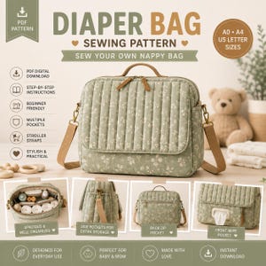Può includere: Un cartamodello digitale per una borsa fasciatoio trapuntata color verde salvia con stampa floreale bianca. La borsa presenta un manico superiore, tracolle regolabili, scomparti interni multipli, una tasca posteriore con zip e una tasca frontale.