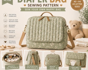 May include: A digital sewing pattern for a quilted sage green nappy bag with a white floral print. The bag features a top handle, adjustable shoulder straps, multiple interior compartments, a back zip pocket, and a front wipe dispenser pocket.
