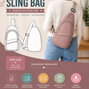 May include: A digital sewing pattern for a Comfy Sling Bag, featuring a line drawing of a crossbody bag with a front zipper pocket. The design includes instructions for A0, A4, and US Letter paper sizes, suitable for a confident beginner sewer.