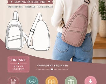 May include: A digital sewing pattern for a Comfy Sling Bag, featuring a line drawing of a crossbody bag with a front zipper pocket. The design includes instructions for A0, A4, and US Letter paper sizes, suitable for a confident beginner sewer.