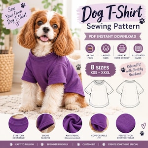 Puede incluir: Un patrón de costura digital para camiseta de perro, con un Cavalier King Charles Spaniel vistiendo una camiseta morada de manga corta. El gráfico incluye texto, iconos para PDF, archivos A4/A0, tallas por capas y un dibujo técnico lineal.
