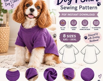 May include: A digital sewing pattern for a dog t-shirt, featuring a Cavalier King Charles Spaniel wearing a purple short-sleeved shirt. The graphic includes text, icons for PDF, A4/A0 files, layered sizes, and a technical line drawing of the shirt.