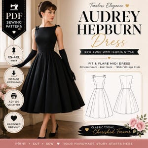 May include: A digital PDF sewing pattern for a black fit and flare midi dress with a boat neck and shoulder ties. The image displays the text Audrey Hepburn Dress, Timeless Elegance, and includes a line drawing of the dress front and back.