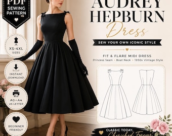 May include: A digital PDF sewing pattern for a black fit and flare midi dress with a boat neck and shoulder ties. The image displays the text Audrey Hepburn Dress, Timeless Elegance, and includes a line drawing of the dress front and back.