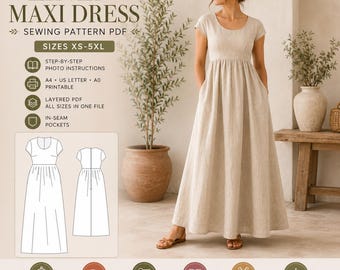 May include: A beige linen maxi dress sewing pattern PDF featuring a scoop neckline, short sleeves, and in-seam pockets. The digital file includes sizes XS-5XL, step-by-step photo instructions, and a 22-inch invisible zipper requirement for assembly.
