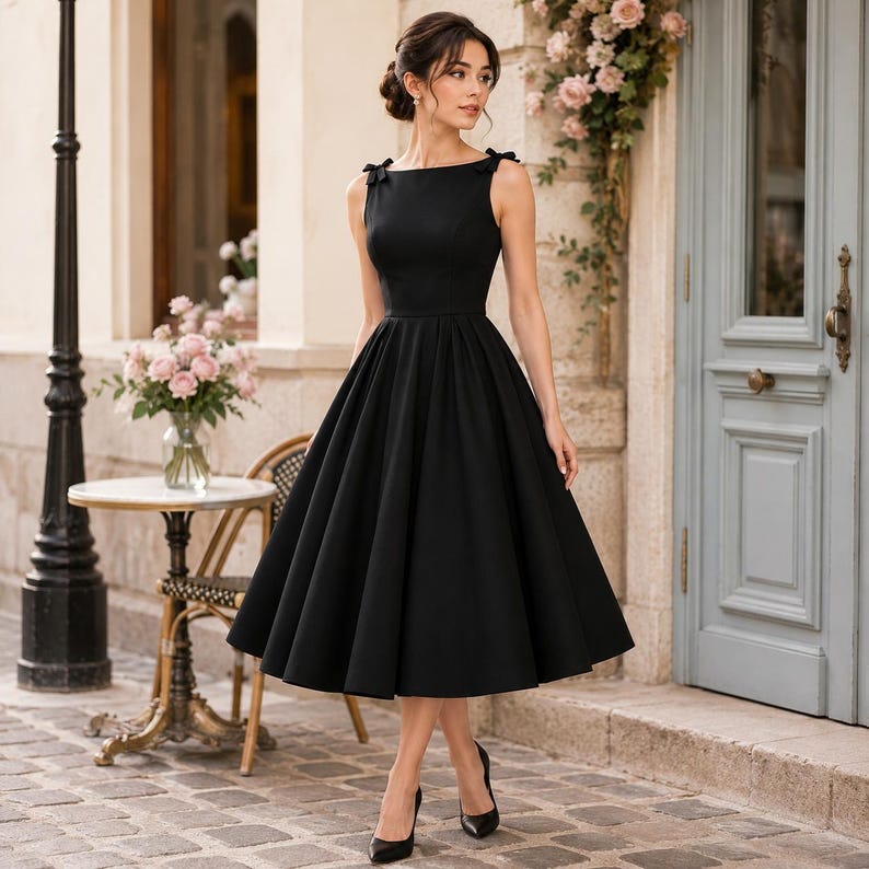 May include: A black midi dress featuring a boat neckline, sleeveless bodice with small bows on the shoulders, and a full, pleated skirt that falls below the knees. The garment is constructed with a structured waistline and a solid, matte finish.