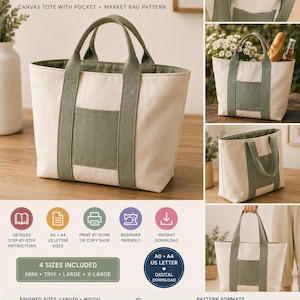May include: A canvas tote bag sewing pattern PDF featuring a cream-colored bag with olive green straps and a front pocket. The digital file includes instructions for four sizes: mini, tiny, large, and x-large, with finished dimensions ranging from 25 cm by 41 cm to 30 cm by 46 cm.
