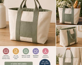 May include: A canvas tote bag sewing pattern PDF featuring a cream-coloured bag with olive green straps and a front pocket. The digital file includes instructions for four sizes: mini, tiny, large, and x-large, with finished dimensions ranging from 25 cm by 41 cm to 30 cm by 46 cm.