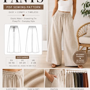 May include: A PDF sewing pattern for wide leg pants featuring an elastic waist with a drawstring tie and side pockets. The document includes a size range for EU 30-56, US 00-24, and UK 2-28, with instructions for A4, US letter, and A0 printing formats.