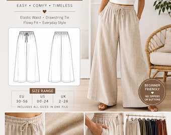 May include: A PDF sewing pattern for wide leg trousers featuring an elastic waist with a drawstring tie and side pockets. The document includes a size range for EU 30-56, US 00-24, and UK 2-28, with instructions for A4, US letter, and A0 printing formats.