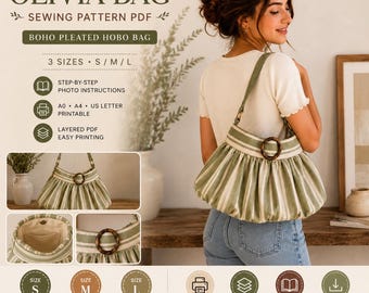May include: A sewing pattern PDF for an Olivia Bag, a pleated hobo bag with a green and white striped fabric and a dark brown circular ring handle. The pattern includes three sizes: S (30 x 36 x 18 cm), M (35 x 42 x 22 cm), and L (42 x 48 x 25 cm).