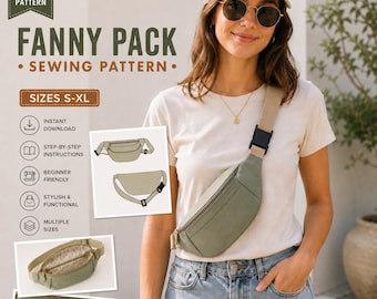 May include: A digital sewing pattern for a fanny pack, featuring text that reads FANNY PACK SEWING PATTERN and SIZES S-XL. The image displays a sage green fanny pack with a black buckle, along with technical line drawings and interior views.