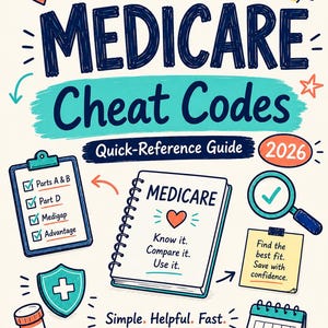 Puede incluir: Una ilustración gráfica titulada MEDICARE Cheat Codes Quick-Reference Guide 2026. Incluye un portapapeles con una lista de verificación, un cuaderno de espiral con el texto MEDICARE Know it. Compare it. Use it., una lupa, una nota adhesiva, un frasco de pastillas, un icono de escudo y un calendario. El diseño incluye elementos dibujados a mano como corazones, estrellas y el texto Simple. Helpful. Fast.