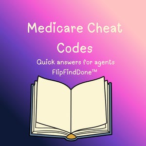 Puede incluir: Una ilustración gráfica de un libro abierto con páginas en blanco sobre un fondo degradado de color púrpura y rosa. El texto dice: Medicare Cheat Codes, Quick answers for agents y FlipFindDone con un pequeño icono de corazón sobre Medicare.