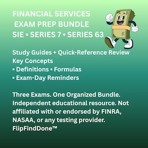 May include: A financial services exam prep bundle for SIE, Series 7, and Series 63, featuring study guides, quick-reference review key concepts, definitions, formulas, and exam-day reminders. Includes a cartoon illustration of a walking stack of cash.