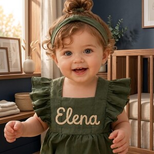 Baby Romper with Embroidered Name, Personalized Linen Baby Outfit, Custom Ruffle Bubble Romper, First Birthday Gift
