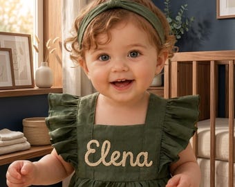 Pelele para bebé con nombre bordado, conjunto de lino personalizado para bebé, pelele burbuja con volantes personalizado, regalo para el primer cumpleaños
