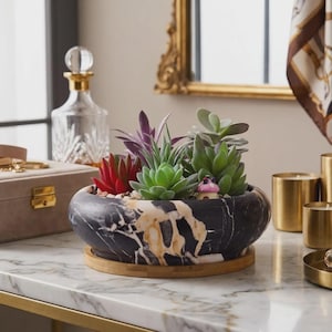 Large Marble Ceramic Succulent Planter Bowl with Drainage Tray | Shallow Cactus Pot Indoor Plants