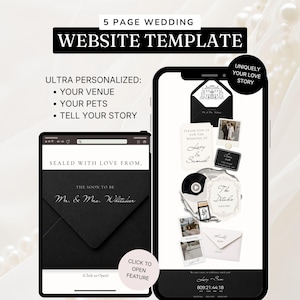 May include: A 5-page wedding website template displayed on a tablet and smartphone. The screens show black and white envelopes, wedding invitation text, photo placeholders, and a countdown timer. Text includes 5 PAGE WEDDING WEBSITE TEMPLATE.