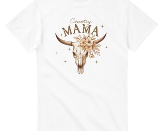 Country Mama T-Shirt mit Kuh-Schädel und Blumen | Handgemachtes Baumwoll T-Shirt für Western Fans