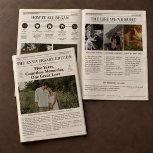 Puede incluir: Un periódico personalizado titulado The Anniversary Edition que presenta una portada con el titular Five Years, Countless Memories, One Great Love, una fotografía de una pareja y un desplegable interior con una cronología e historia.