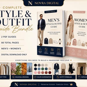 May include: A digital bundle featuring two PDF style and outfit guides for men and women, totaling 80 pages. The cover displays images of a man and woman in professional attire, with icons for garment types, seasonal dressing, and color coordination.