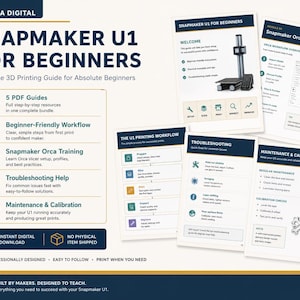 May include: A digital guide titled Novra Digital Snapmaker U1 for Beginners, featuring five PDF documents covering 3D printing workflows, Orca slicer training, troubleshooting, and maintenance. The layout includes icons, text, and diagrams for setup.