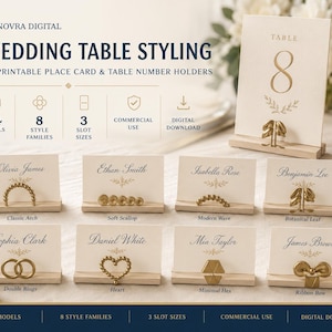 May include: A collection of 3D printable place card and table number holders featuring eight distinct gold-toned designs including arches, hearts, and ribbons. The set includes 24 models with three slot sizes, presented with sample name cards.