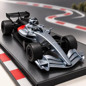 Puede incluir: Un coche de carreras a escala de color plateado y negro con un alerón delantero prominente, una cabina con dispositivo de seguridad halo y neumáticos negros anchos. El vehículo está montado sobre una base rectangular negra con marcas de pista rojas y blancas.