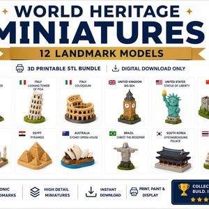 Puede incluir: Un paquete de descarga digital de 12 miniaturas de monumentos imprimibles en 3D que incluye la Torre Eiffel, la Torre de Pisa, el Coliseo, el Big Ben, la Estatua de la Libertad, la Gran Muralla, el Taj Mahal, las pirámides, la Ópera de Sídney, el Cristo Redentor, el Palacio Gyeongbokgung y Wat Arun.