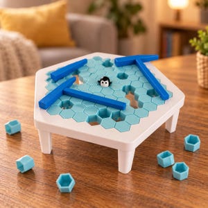 May include: A hexagonal tabletop game featuring a white frame with light blue hexagonal tiles. Two blue plastic hammers rest on the surface, and a small black and white penguin figure is positioned in the center. Several loose light blue tiles.