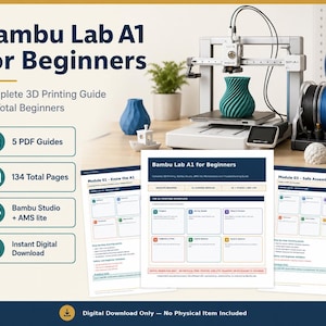 Puede incluir: Una guía digital titulada Bambu Lab A1 for Beginners, que incluye 5 documentos PDF con un total de 134 páginas. La guía cubre impresión 3D, Bambu Studio y AMS lite. La imagen muestra una impresora 3D Bambu Lab A1 con un jarrón azul verdoso y bobinas.