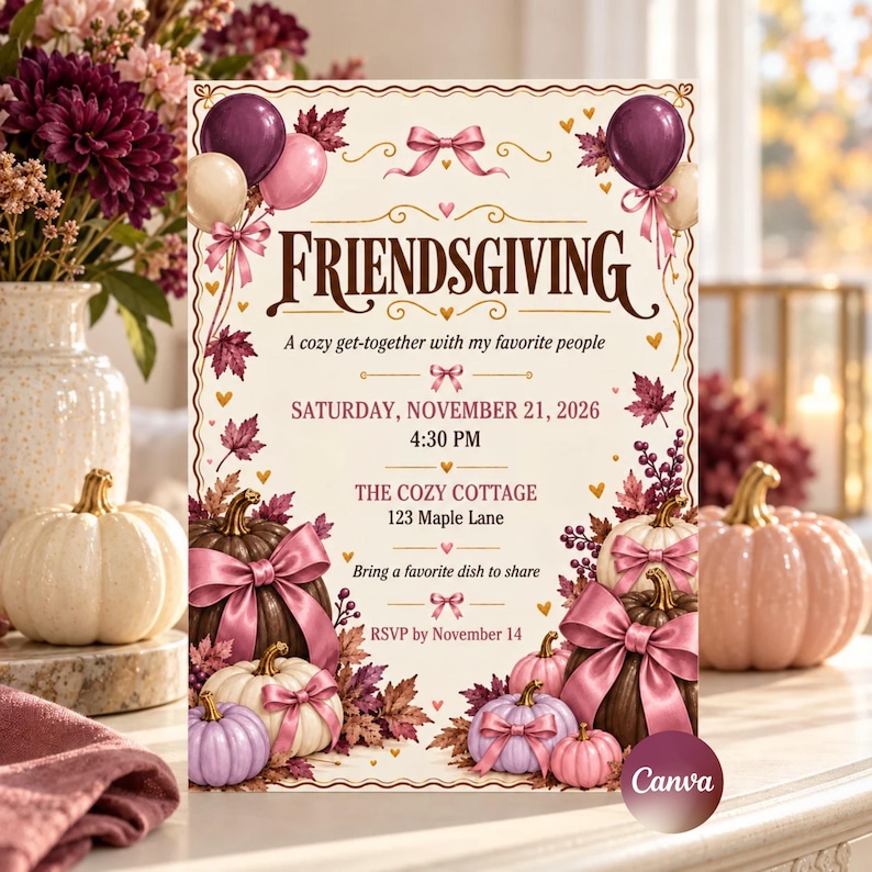 Pink Grad Invite Template Friendsgiving Invitation Template, Pink and Purple Thanksgiving Party ...