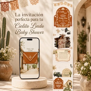 May include: A smartphone displaying a digital invitation on a stone pedestal next to a vertical printed card. Both feature terracotta-colored accents, floral motifs, and text including Cielito Lindo Baby Shower, Rifa de Pañales, and RSVP details.