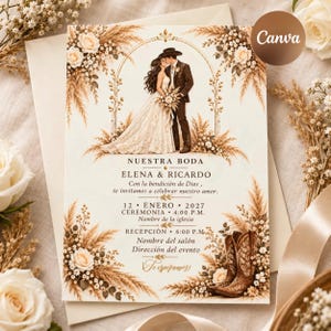 May include: A wedding invitation card featuring an illustration of a couple in formal attire under a floral arch, with text reading NUESTRA BODA, ELENA & RICARDO, 12 ENERO 2027, and a pair of cowboy boots at the bottom corner.