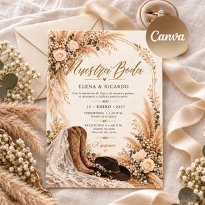 May include: A wedding invitation card featuring the text Nuestra Boda, Elena & Ricardo, and date details. The design includes illustrations of pampas grass, white roses, a pair of brown leather cowboy boots, and a dark brown cowboy hat.