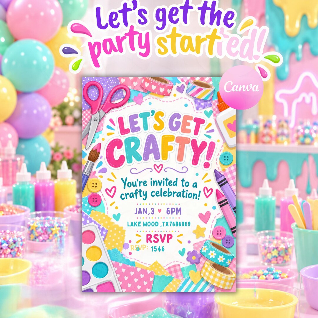 Let’s Get Crafty Birthday Invitation, Colorful Arts and Crafts Party ...