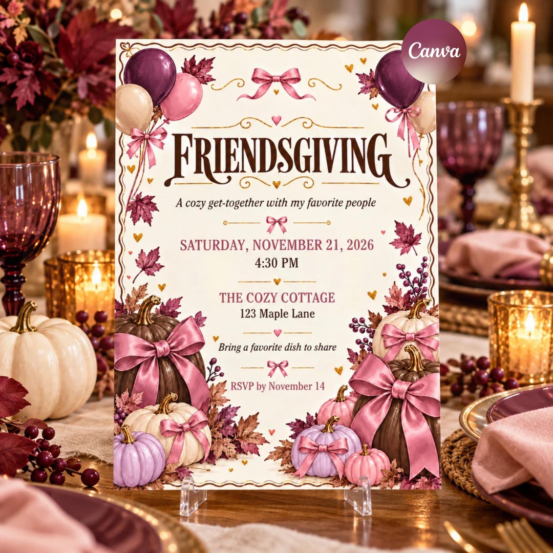 Pink Grad Invite Template Friendsgiving Invitation Template, Pink and Purple Thanksgiving Party ...